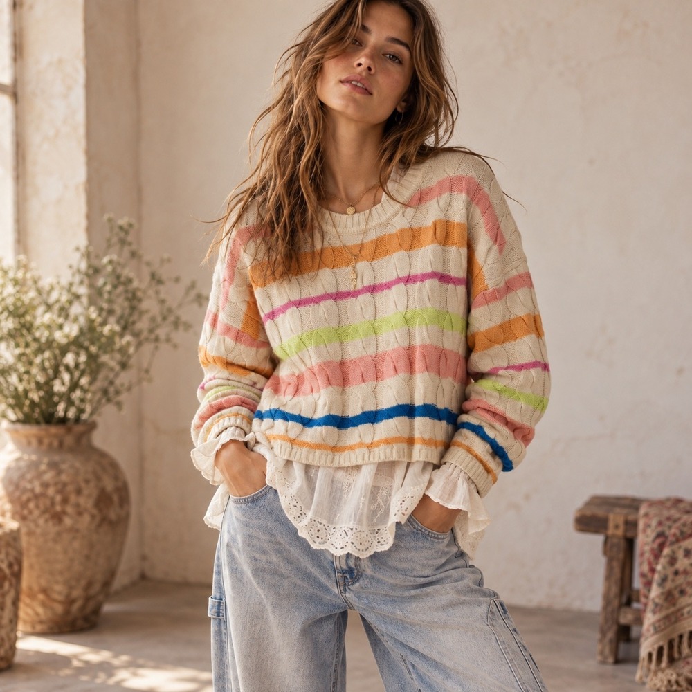 Jessica Simpson Striped Cable Knit Sweater Womens Size S Rainbow Preppy Classic